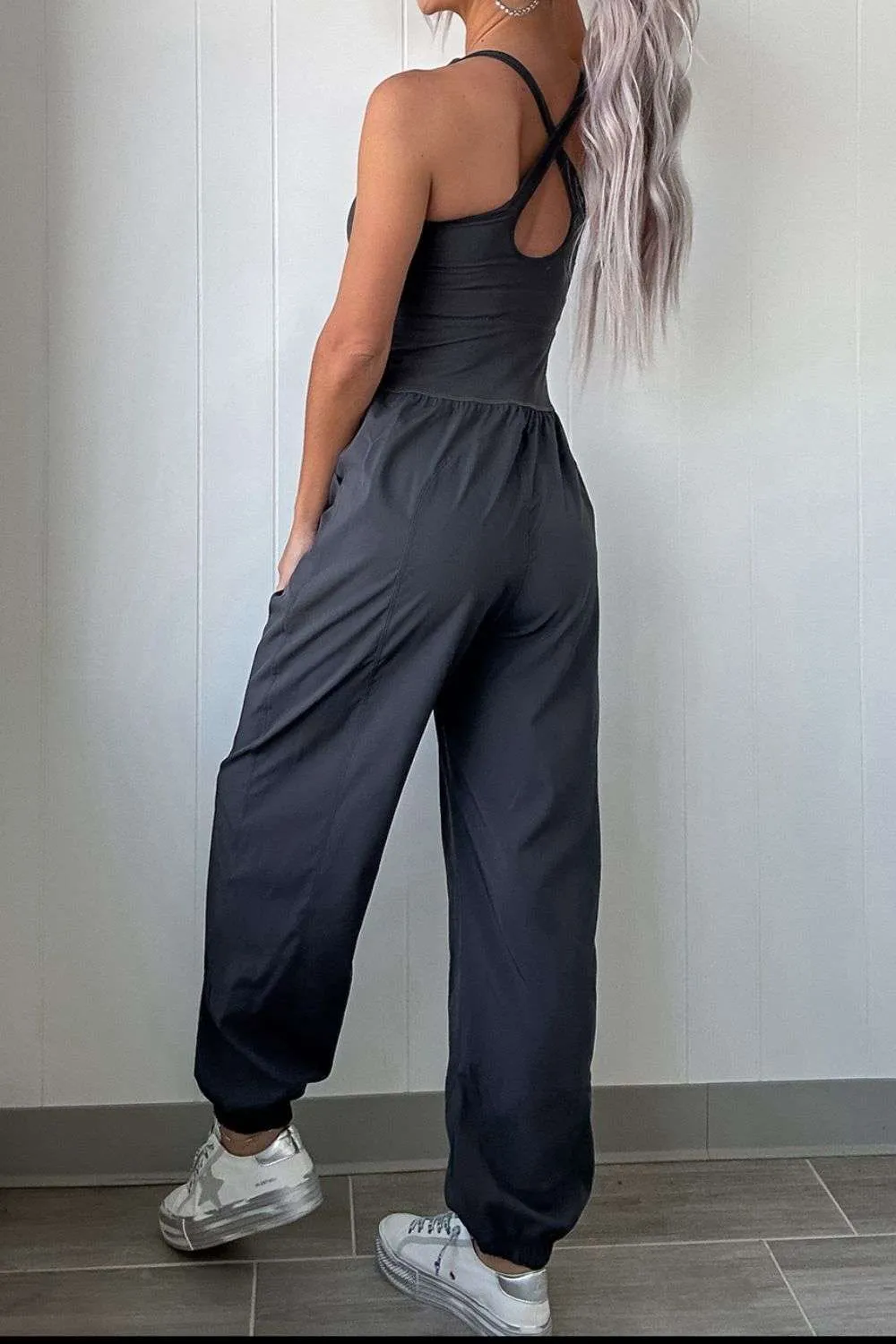 Cutout Square Neck Jumpsuit with Wide Straps for Active Wear