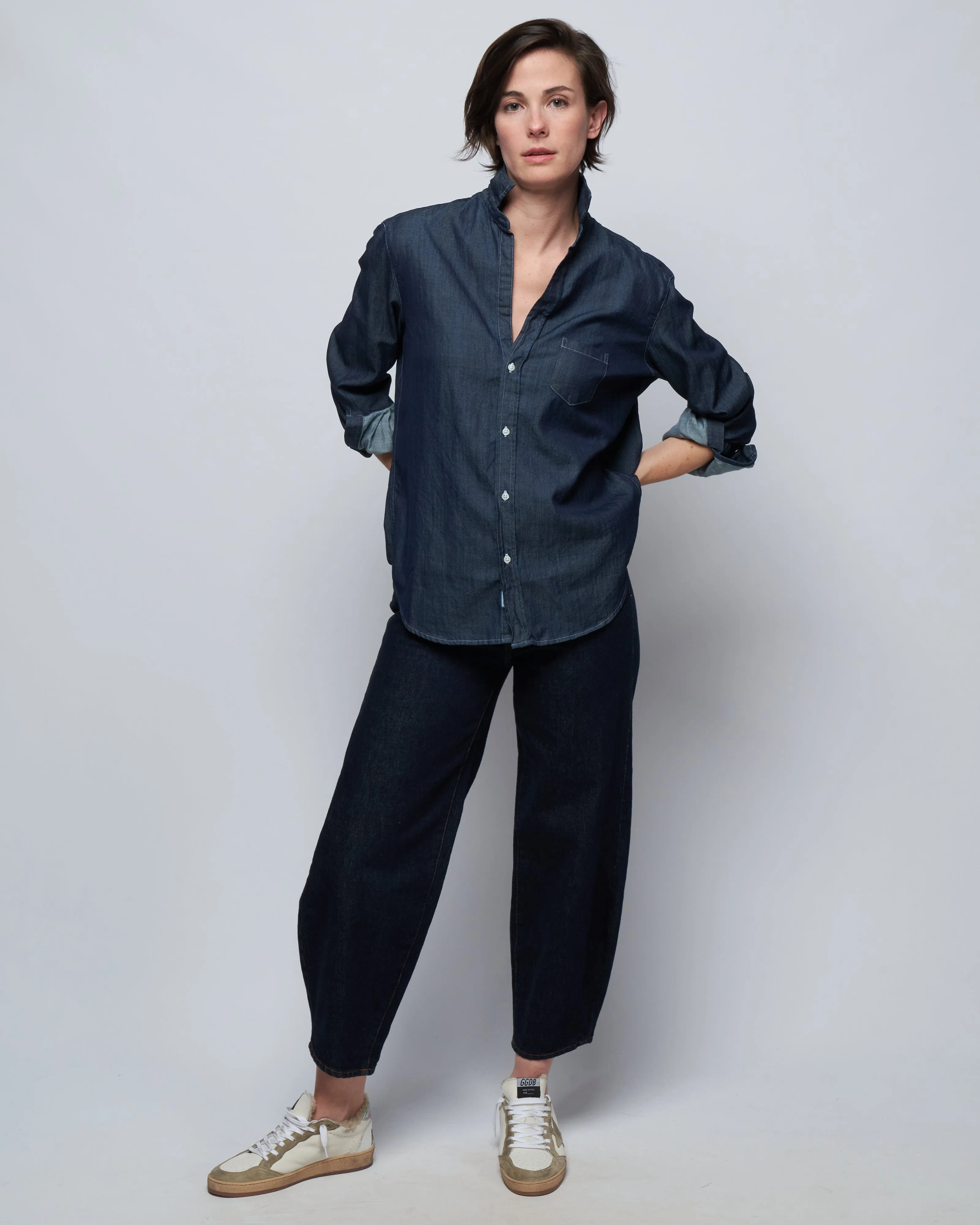 eileen woven button up - raw rinse denim