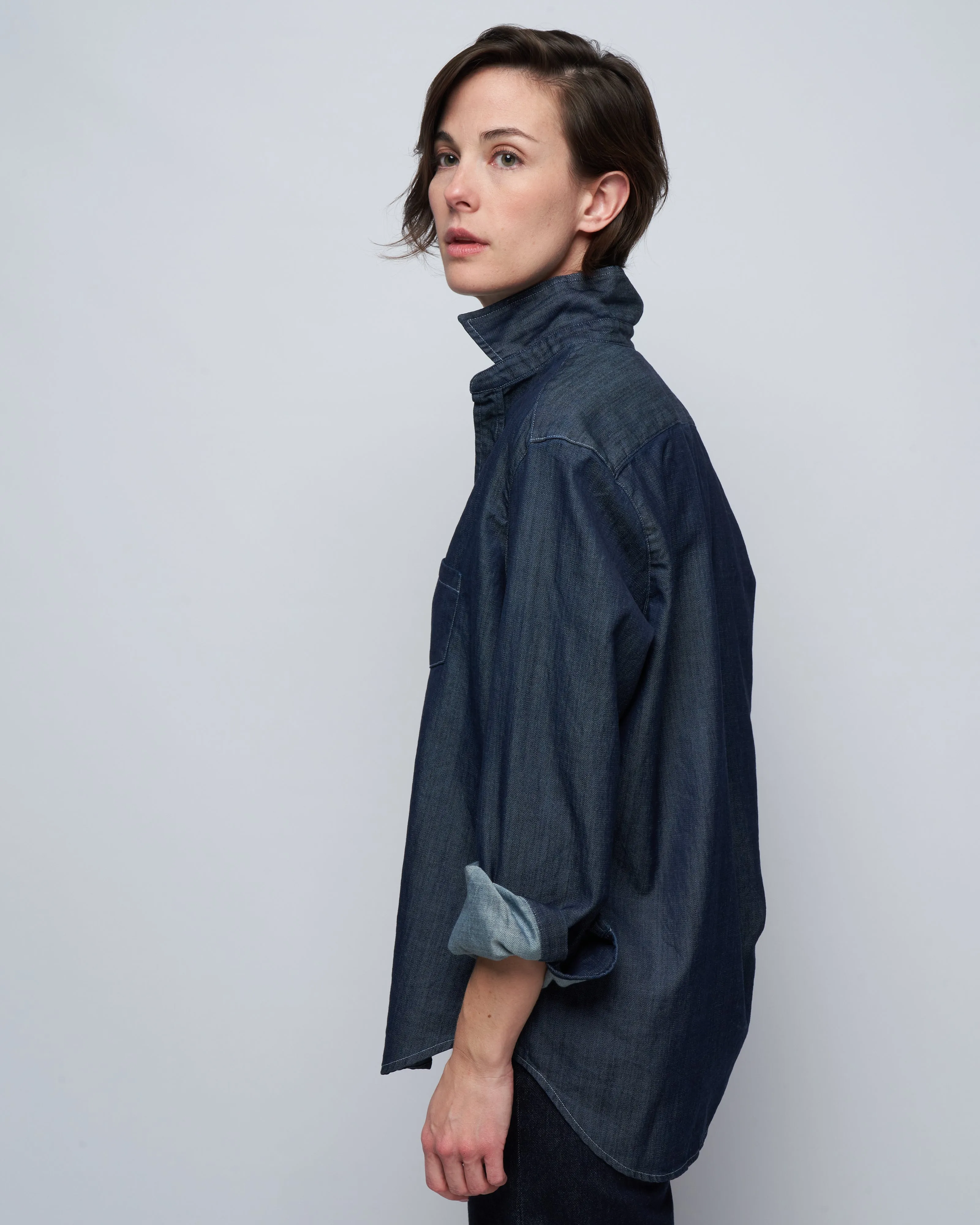 eileen woven button up - raw rinse denim