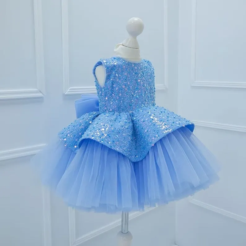 Elegant sequin baby dress, birthday party girl dress, wedding flower girl evening dress with tiara
