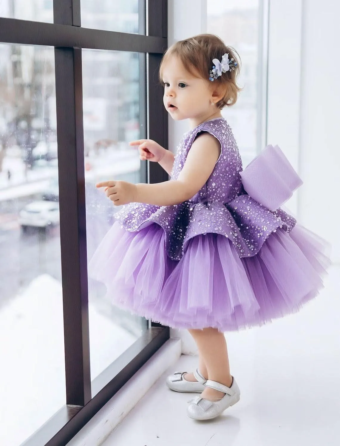 Elegant sequin baby dress, birthday party girl dress, wedding flower girl evening dress with tiara