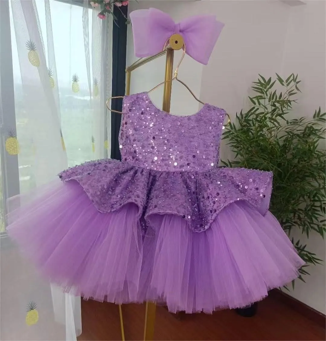 Elegant sequin baby dress, birthday party girl dress, wedding flower girl evening dress with tiara
