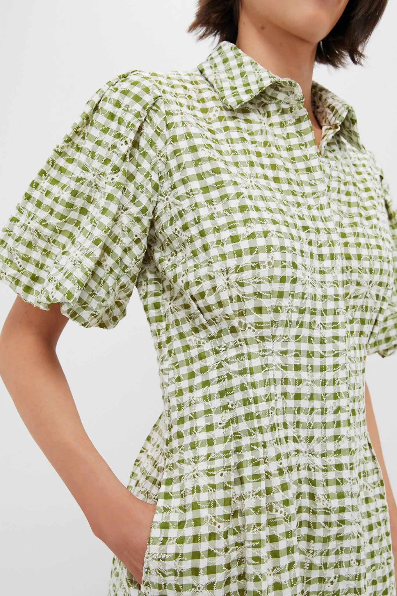 Embroidered Floral Green Gingham Mini Delaney Dress