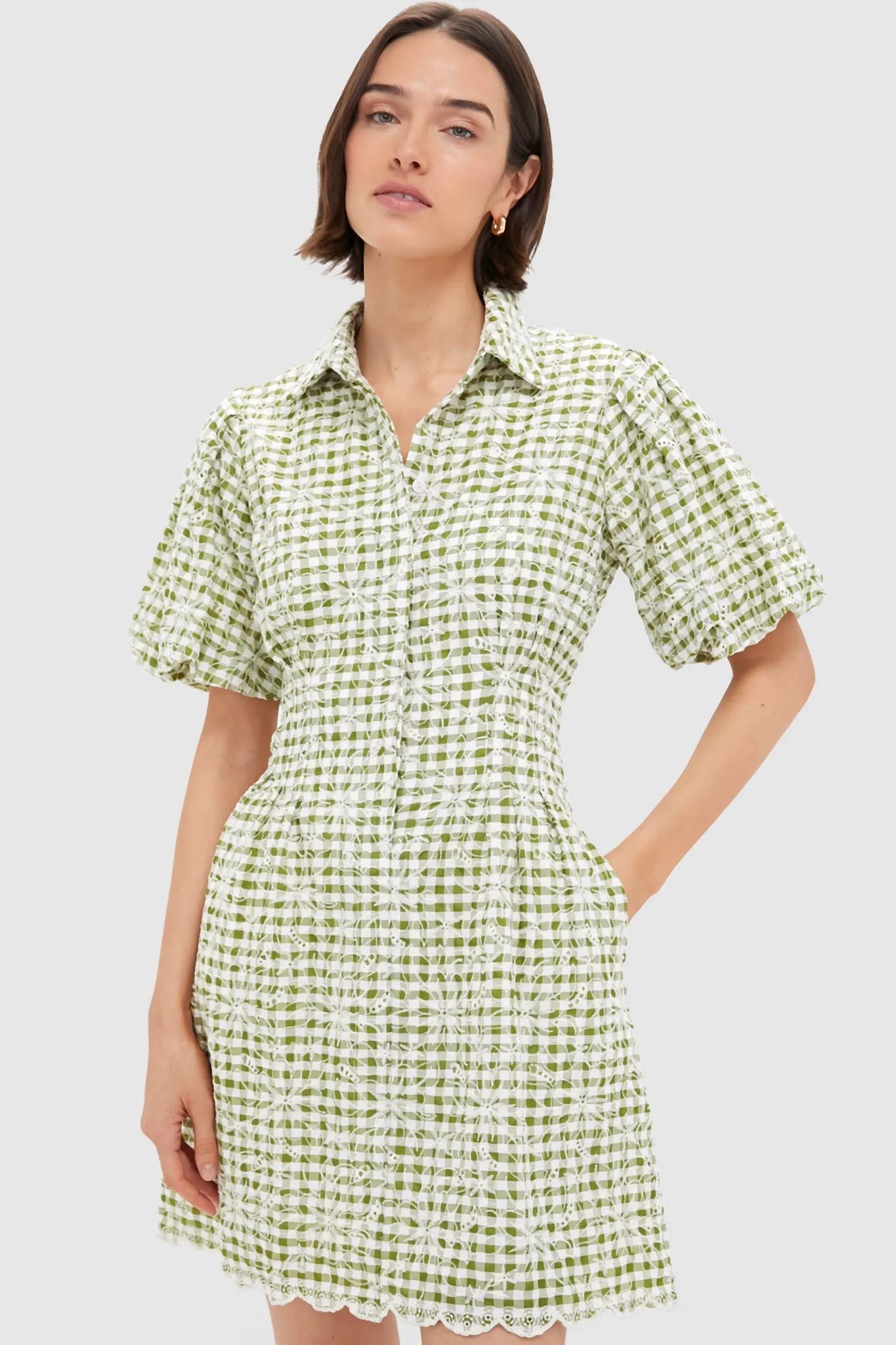 Embroidered Floral Green Gingham Mini Delaney Dress
