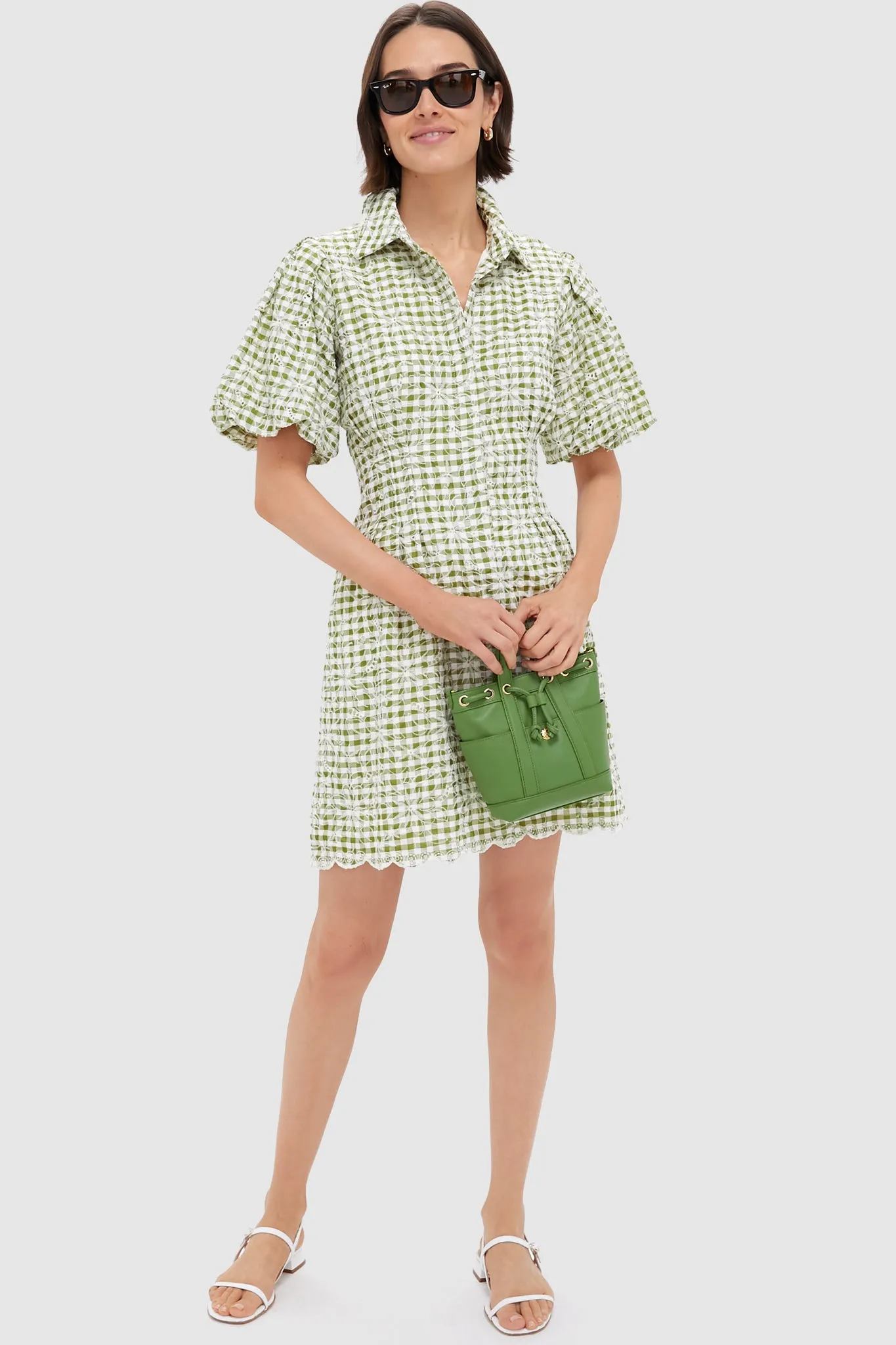 Embroidered Floral Green Gingham Mini Delaney Dress