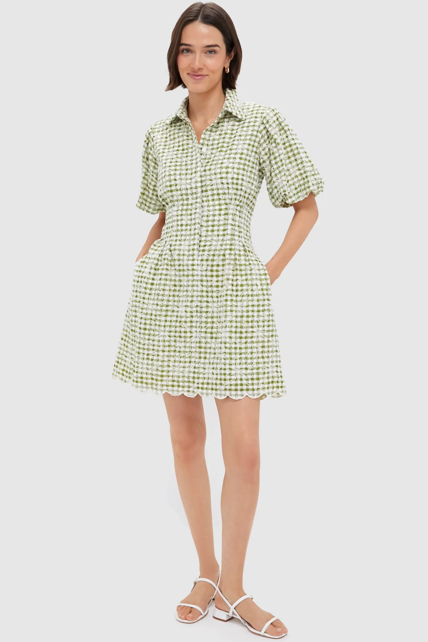 Embroidered Floral Green Gingham Mini Delaney Dress