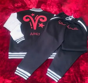Fallon Aurielle Unisex Signature Aries Logo & Name Zodiac Jacket Jogging Set (Black, Light Gray & Red Sparkle)