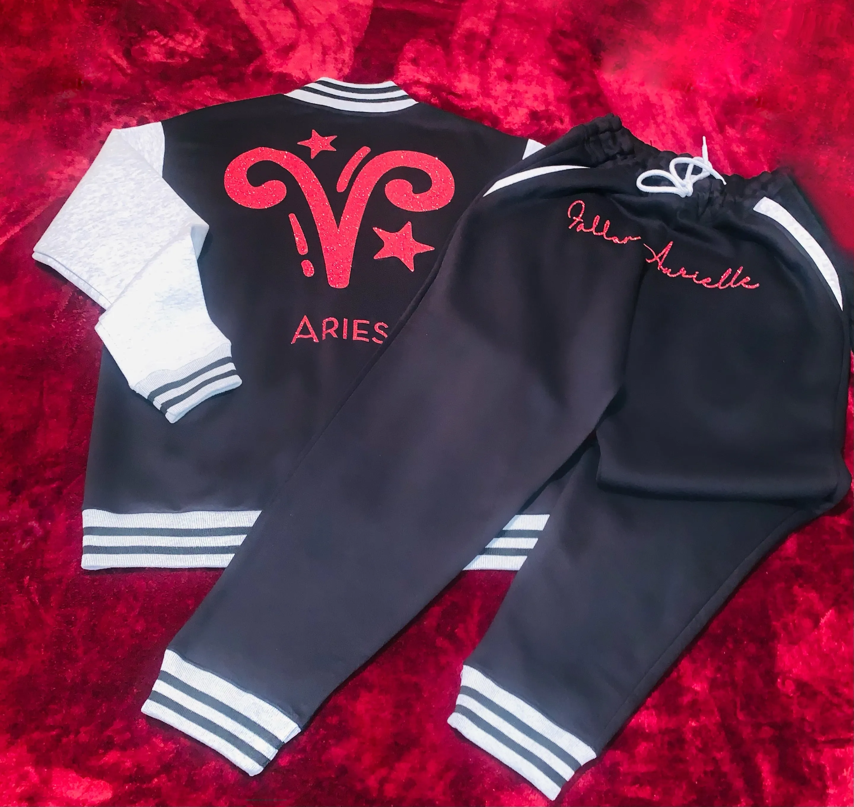 Fallon Aurielle Unisex Signature Aries Logo & Name Zodiac Jacket Jogging Set (Black, Light Gray & Red Sparkle)