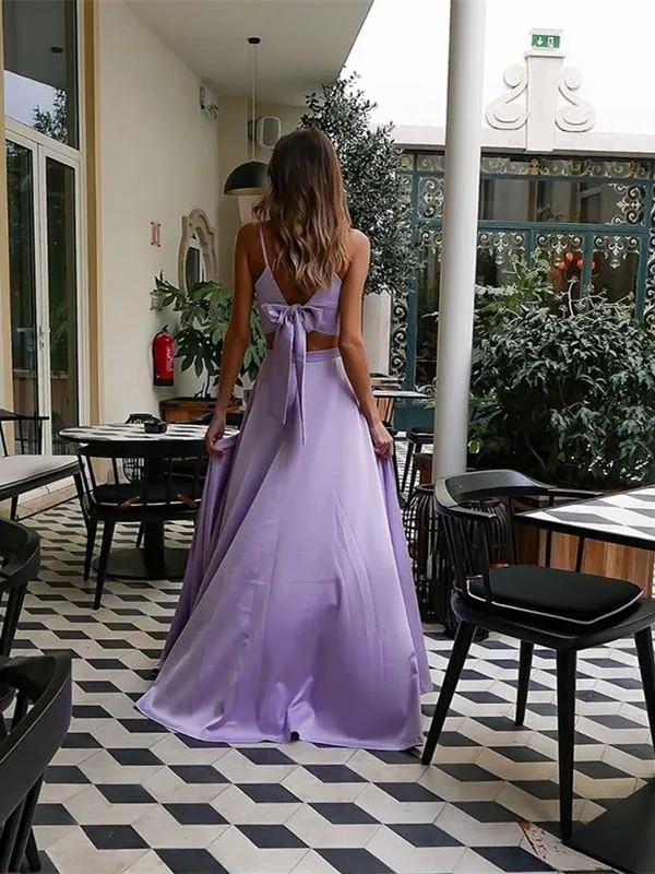 Fashion Satin Straps A-line Prom Dresses 2 Pieces Gowns With Slit CP112