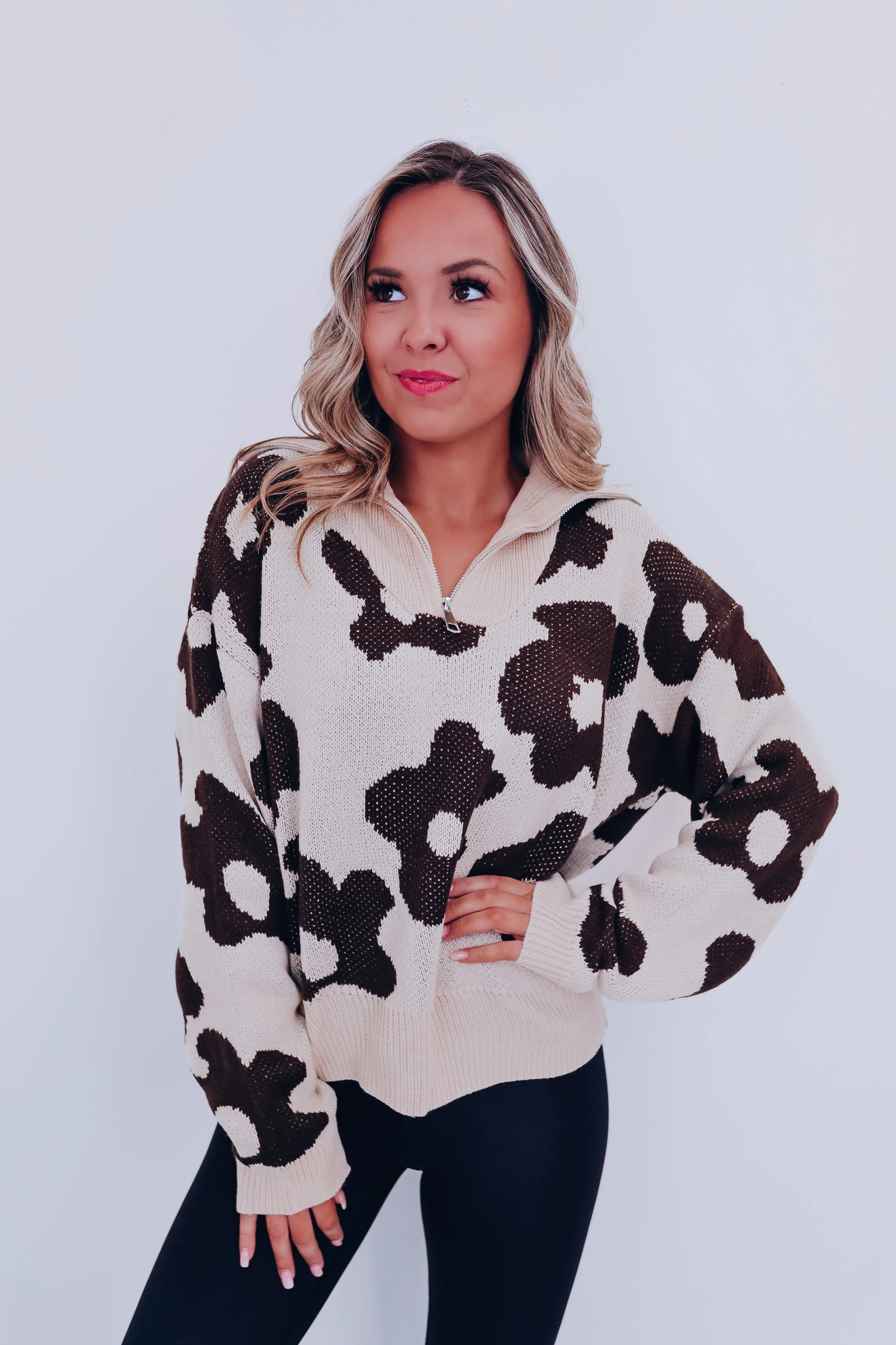Floral Zip Front Pullover - Oat/Mocha