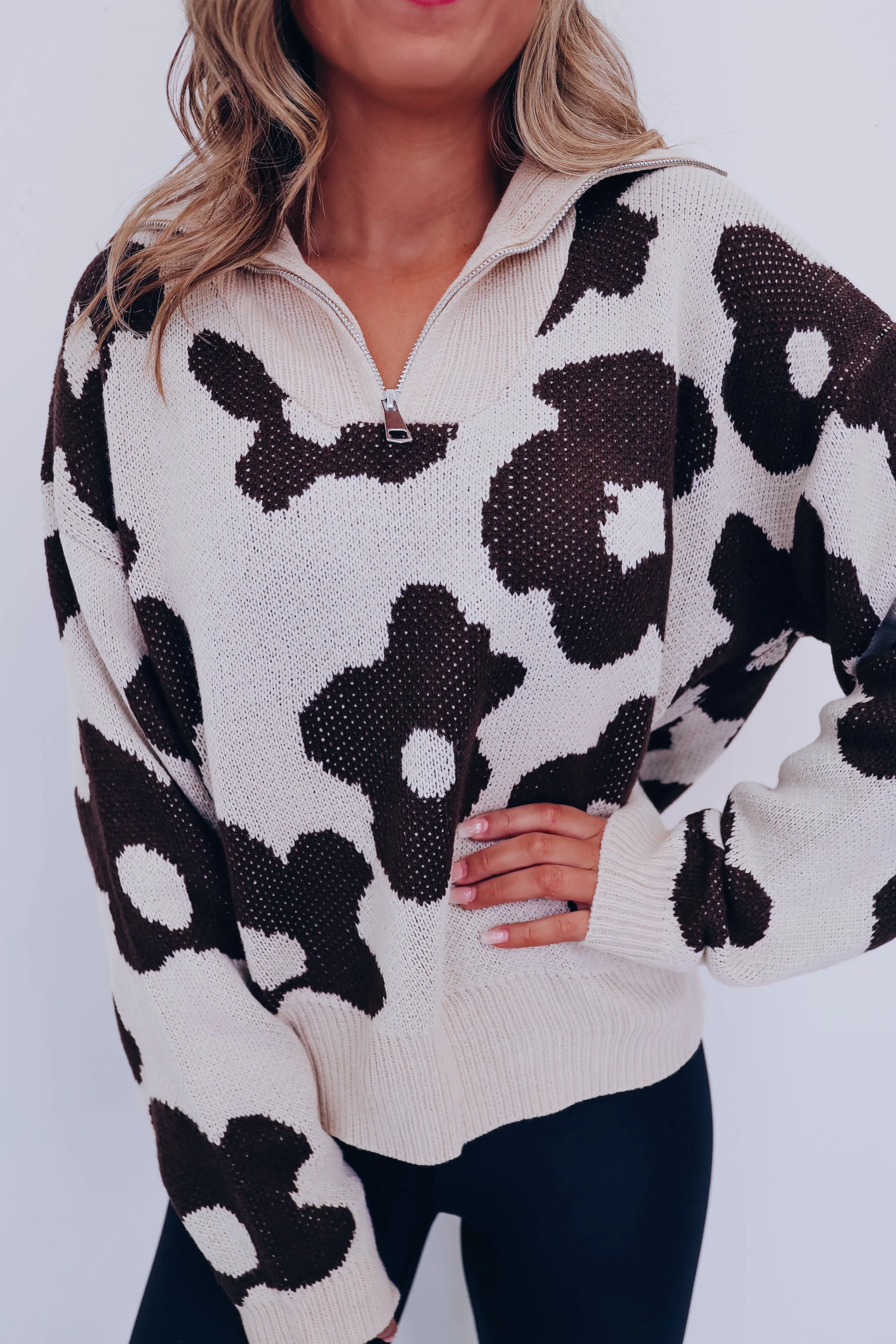 Floral Zip Front Pullover - Oat/Mocha