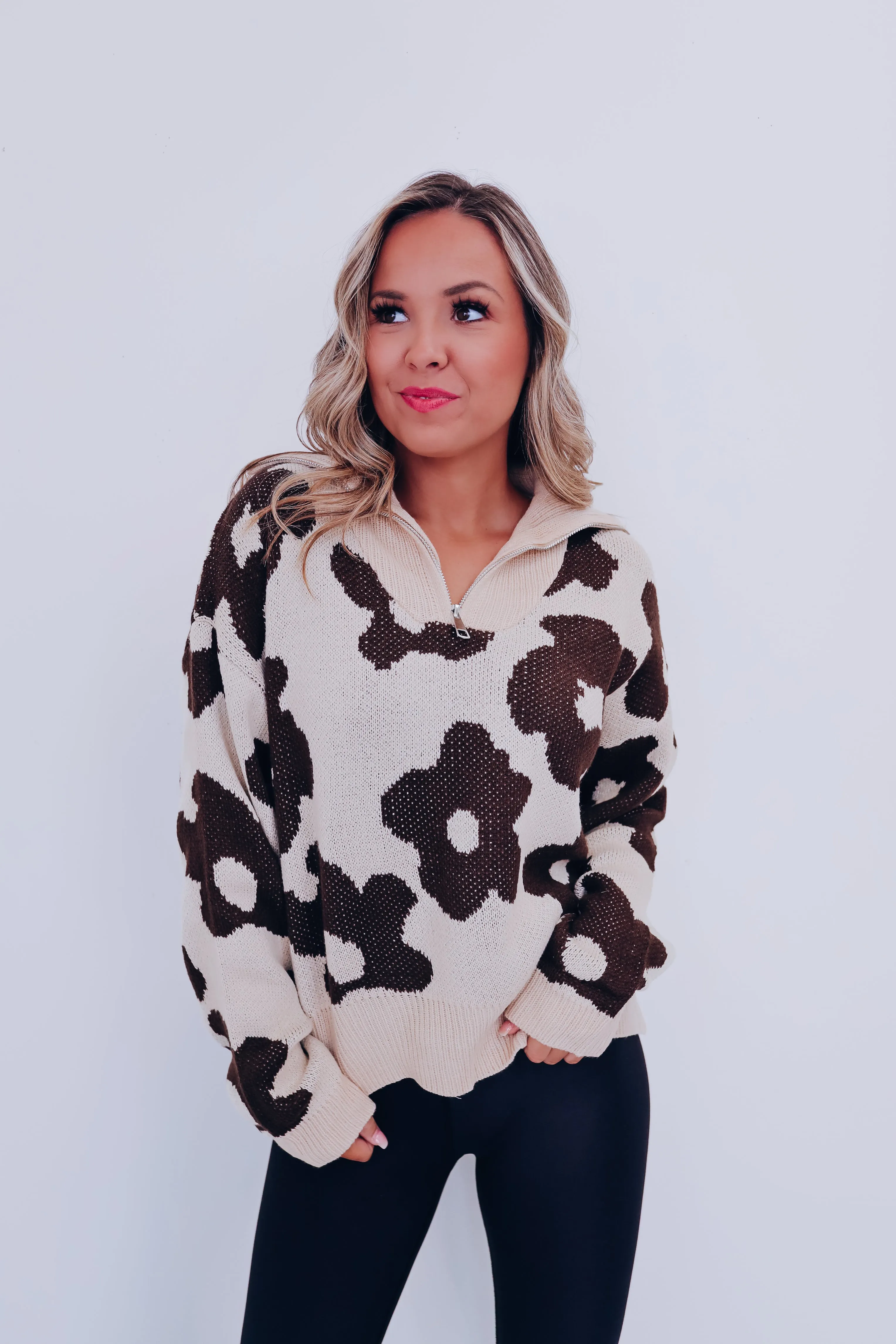 Floral Zip Front Pullover - Oat/Mocha