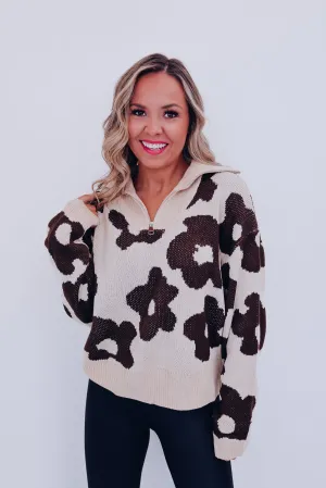 Floral Zip Front Pullover - Oat/Mocha