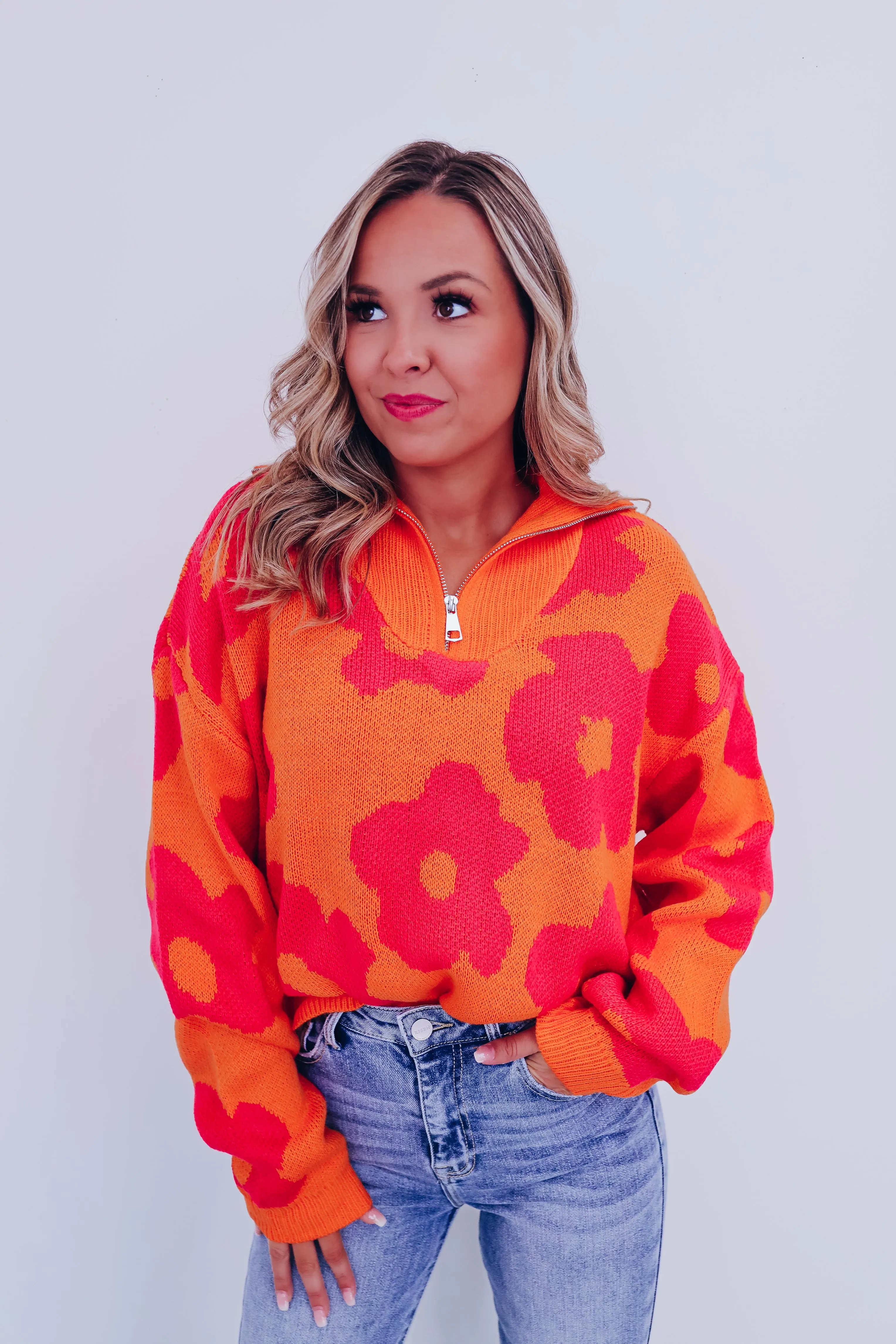 Floral Zip Front Pullover - Orange/Pink