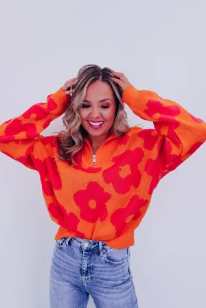 Floral Zip Front Pullover - Orange/Pink