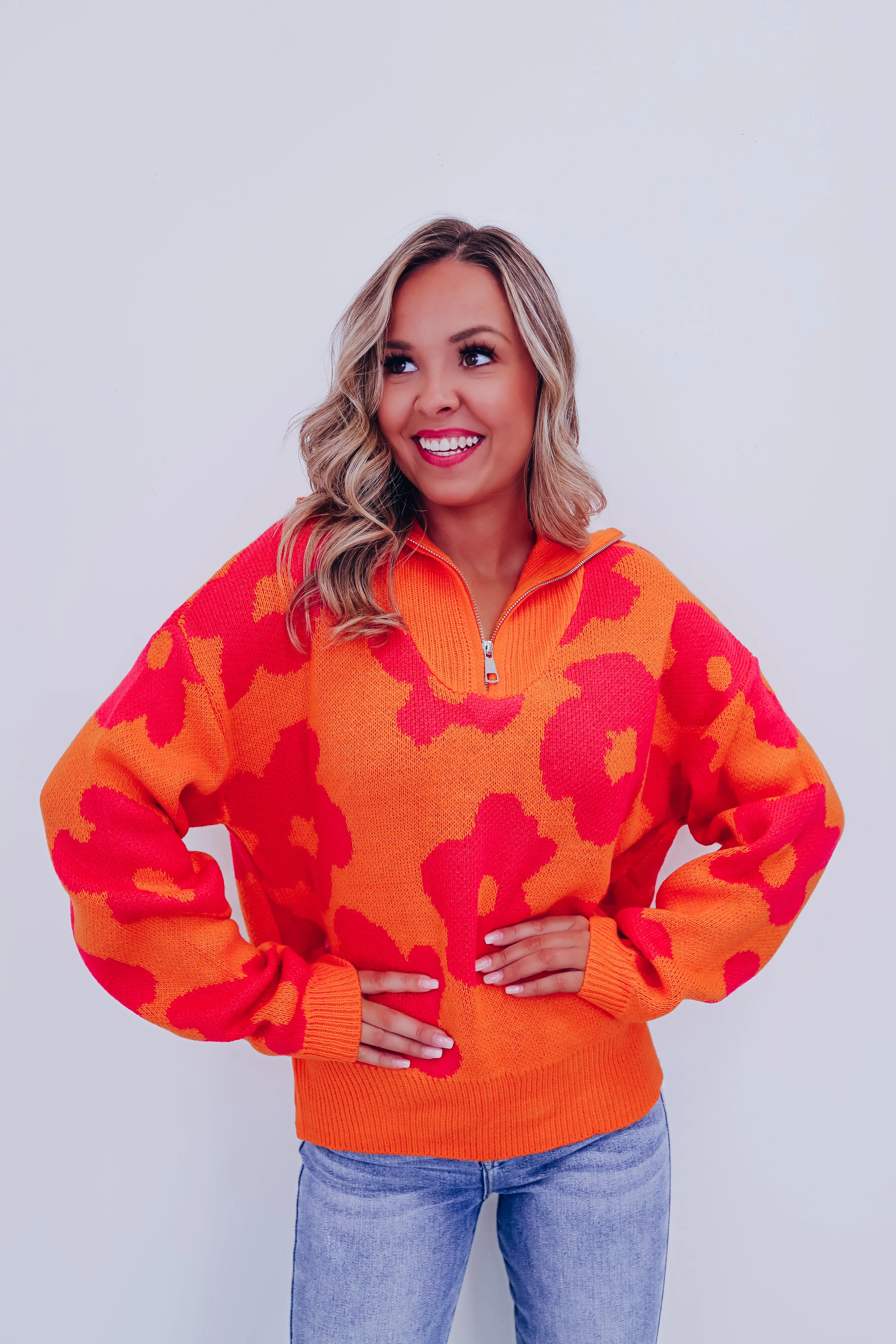 Floral Zip Front Pullover - Orange/Pink