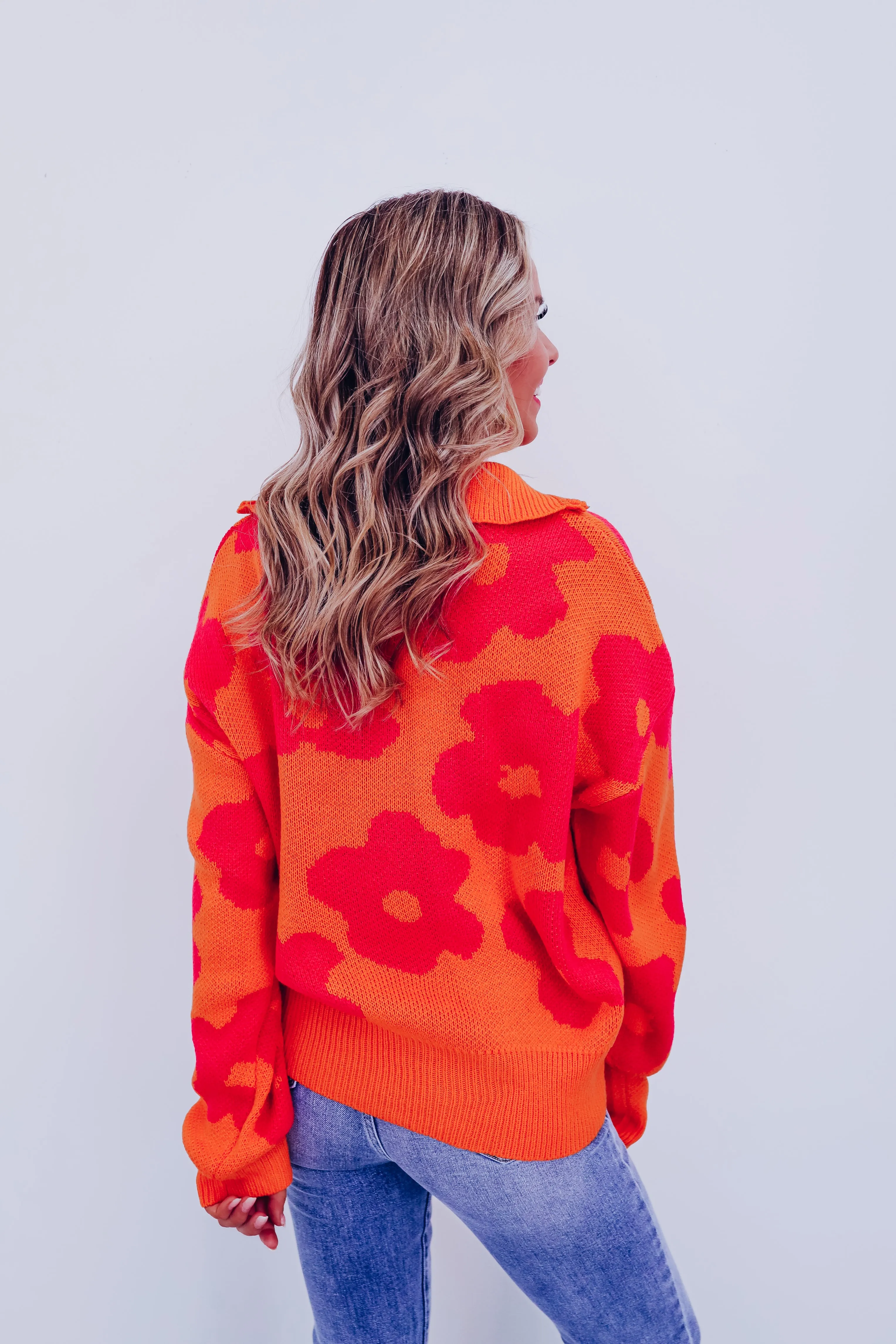 Floral Zip Front Pullover - Orange/Pink