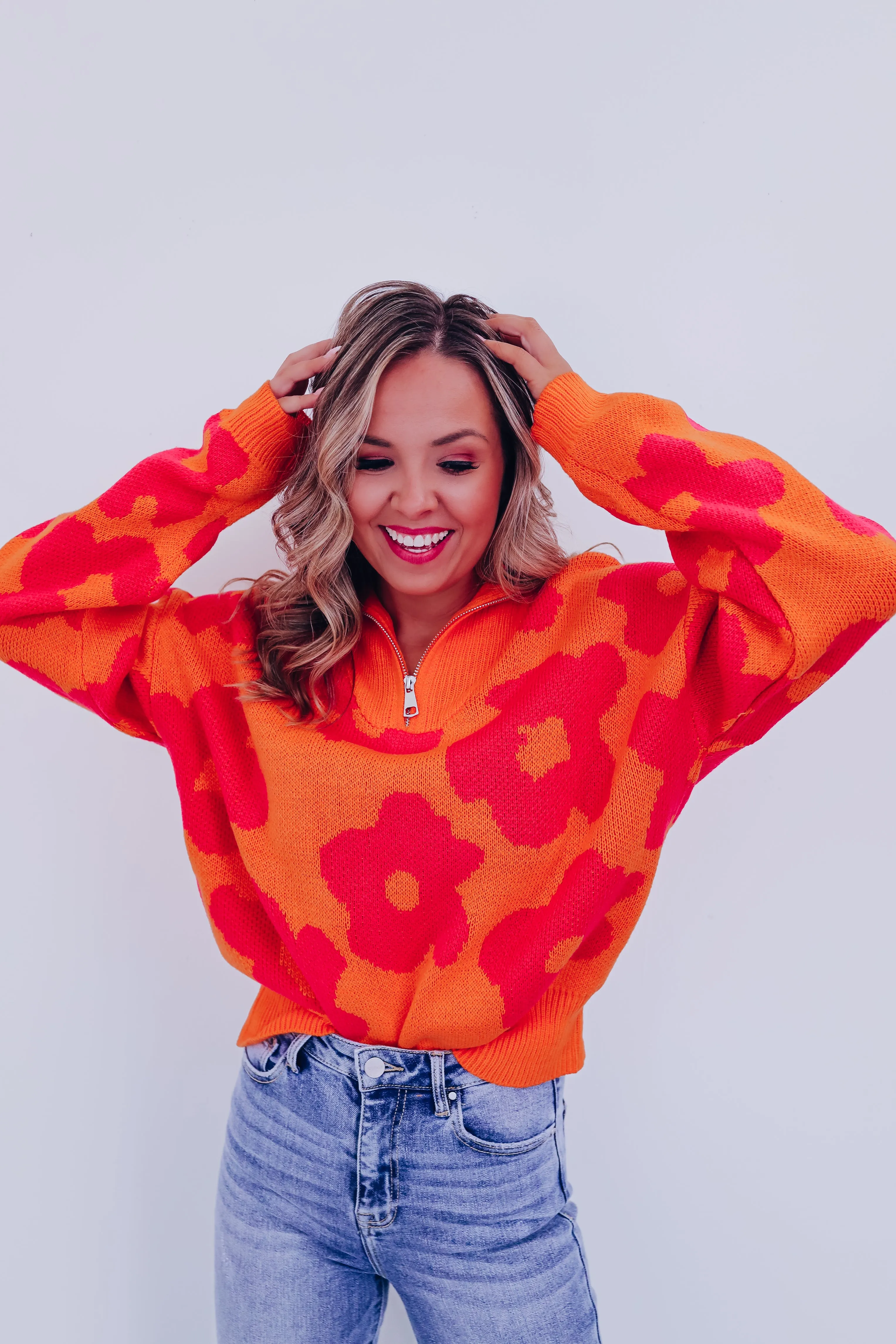Floral Zip Front Pullover - Orange/Pink