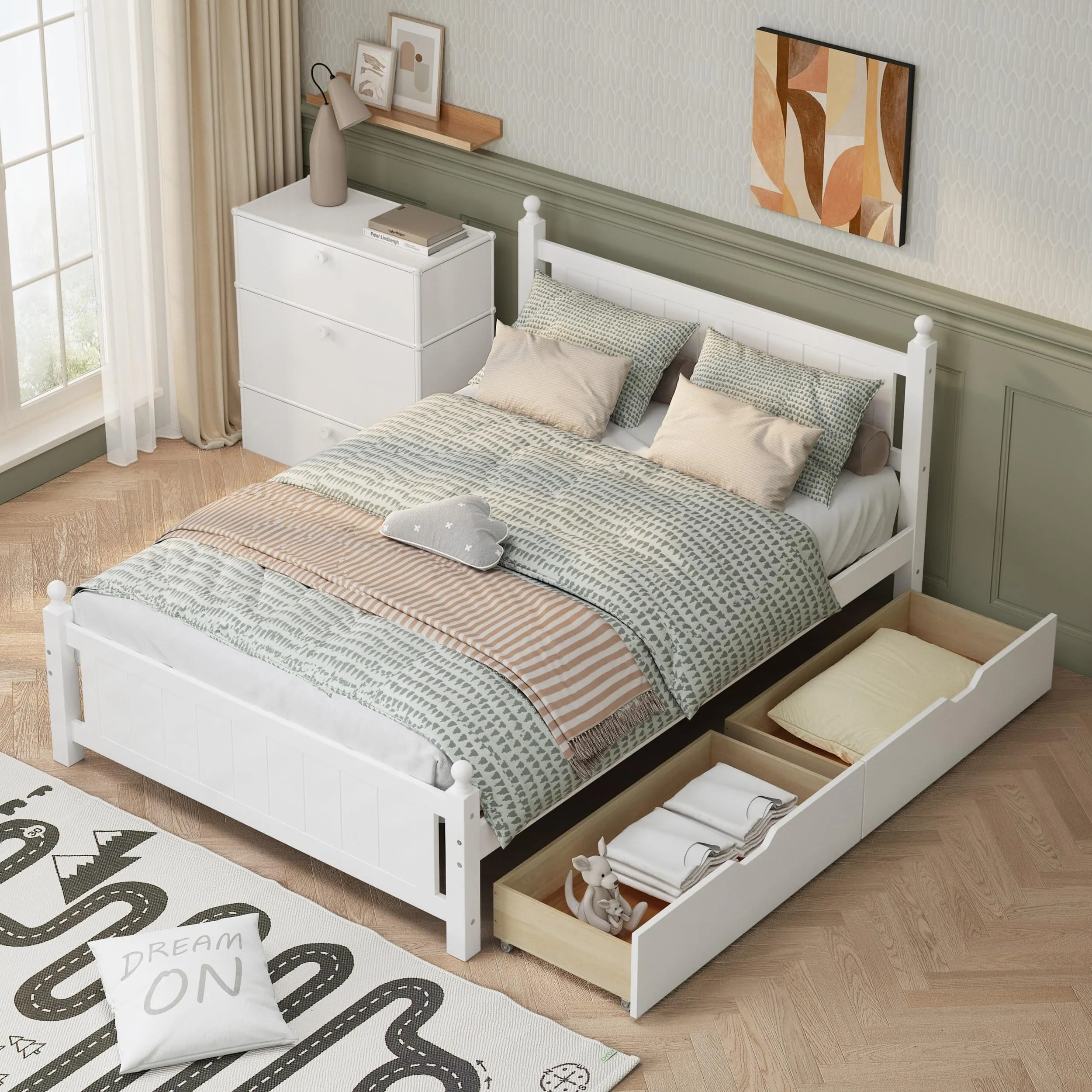 Full Size Platform Bed Frame with 2 Drawers Solid Wood Bedframe for
