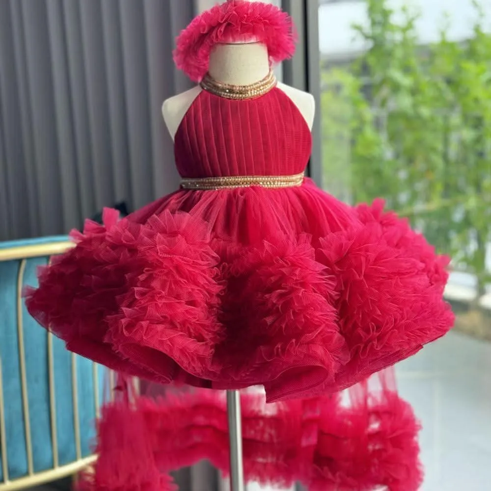 Girls' fashionable halter neck princess dress with tail birthday party catwalk evening dress