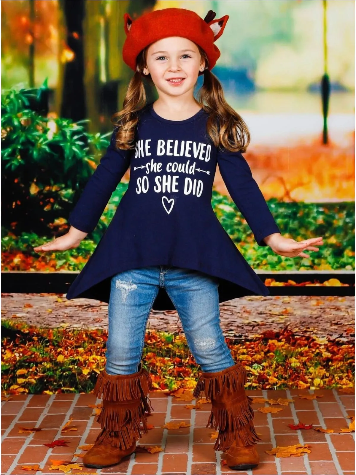 Girls "She Believed She Could So She Did" Hi-Lo Long Sleeve Graphic Statement Top