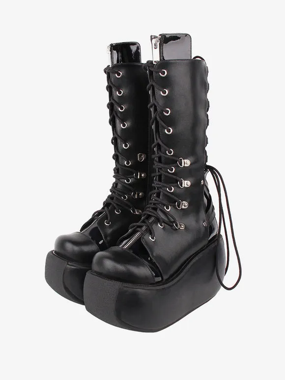 Gothic Lolita Boots PU Leather Two-Tone Grommets Round Toe Black Lolita Footwear