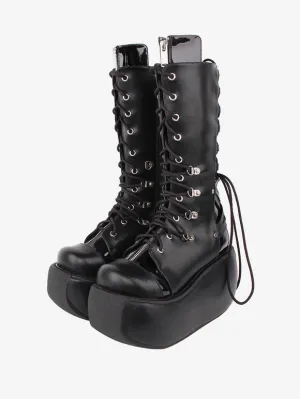 Gothic Lolita Boots PU Leather Two-Tone Grommets Round Toe Black Lolita Footwear