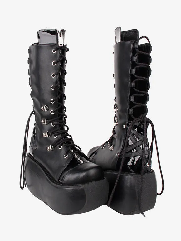 Gothic Lolita Boots PU Leather Two-Tone Grommets Round Toe Black Lolita Footwear