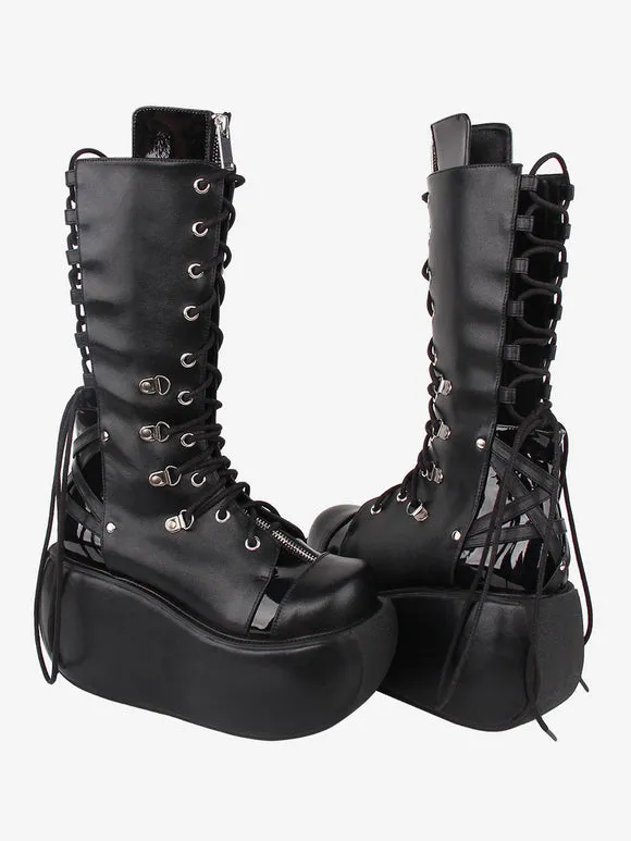 Gothic Lolita Boots PU Leather Two-Tone Grommets Round Toe Black Lolita Footwear