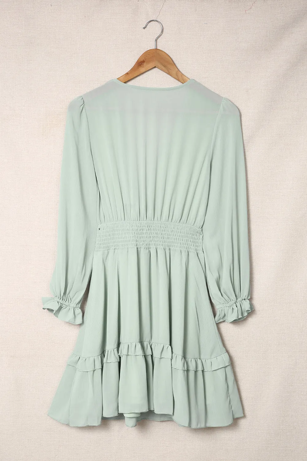 Green Deep V Neck Lantern Sleeve Knotted Tiered Mini Dress