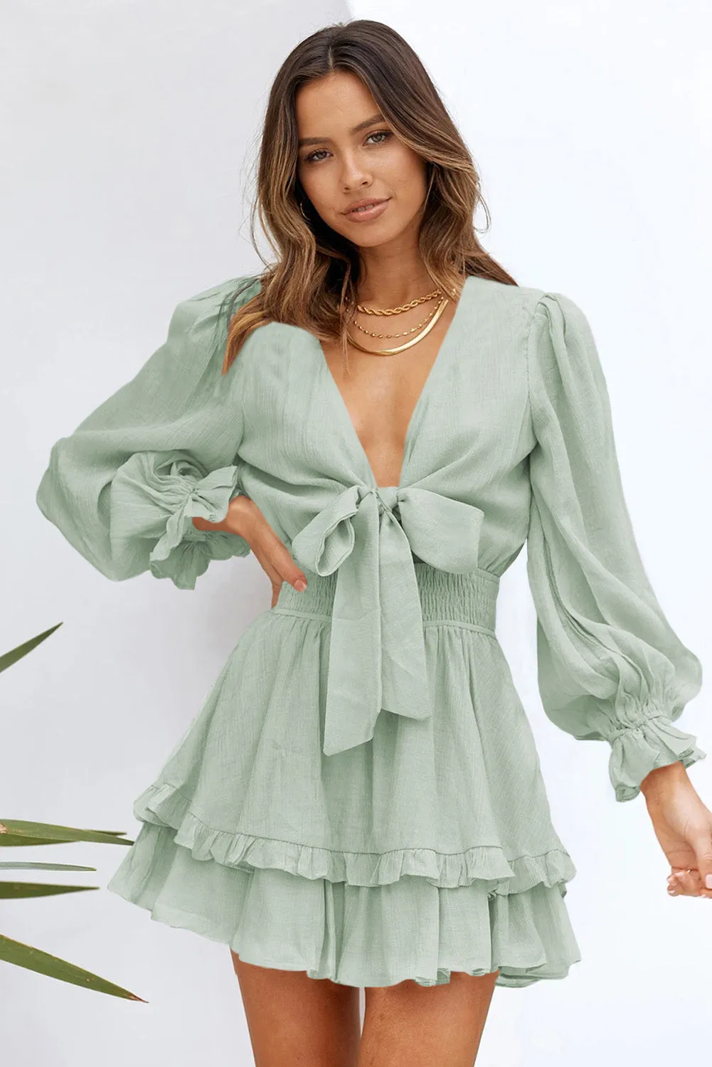 Green Deep V Neck Lantern Sleeve Knotted Tiered Mini Dress