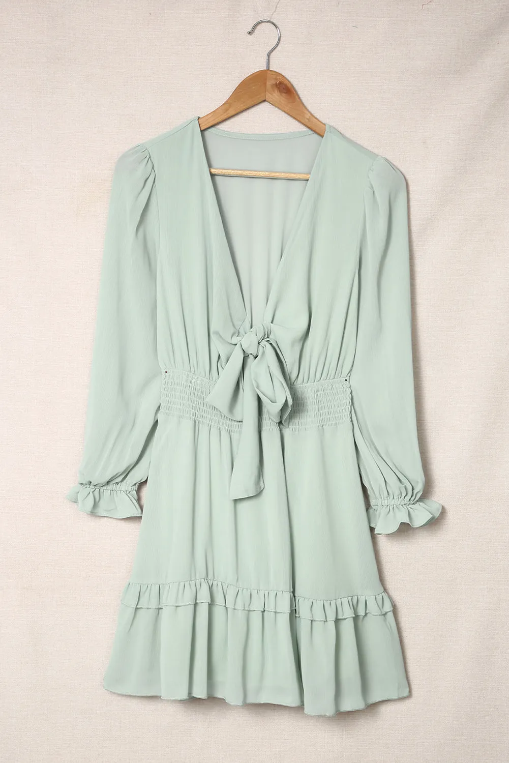 Green Deep V Neck Lantern Sleeve Knotted Tiered Mini Dress