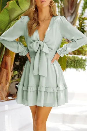 Green Deep V Neck Lantern Sleeve Knotted Tiered Mini Dress