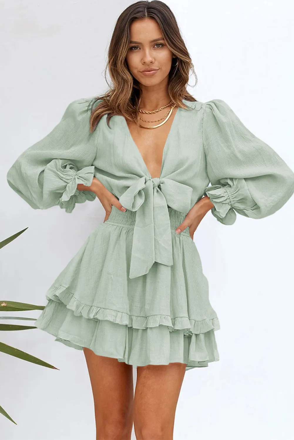 Green Deep V Neck Lantern Sleeve Knotted Tiered Mini Dress