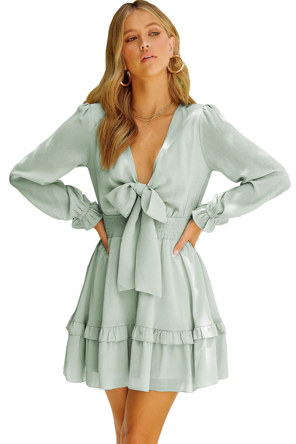 Green Deep V Neck Lantern Sleeve Knotted Tiered Mini Dress