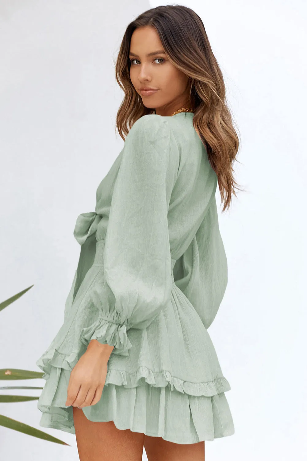 Green Deep V Neck Lantern Sleeve Knotted Tiered Mini Dress