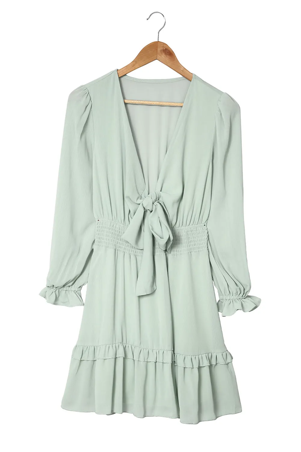 Green Deep V Neck Lantern Sleeve Knotted Tiered Mini Dress
