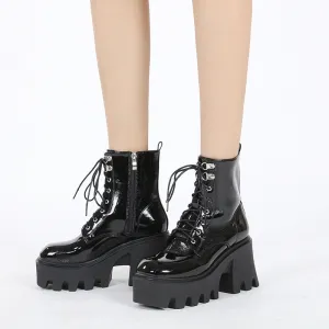 Lace-up Patent Leather Thick High-heeled Short Boots With Platform
