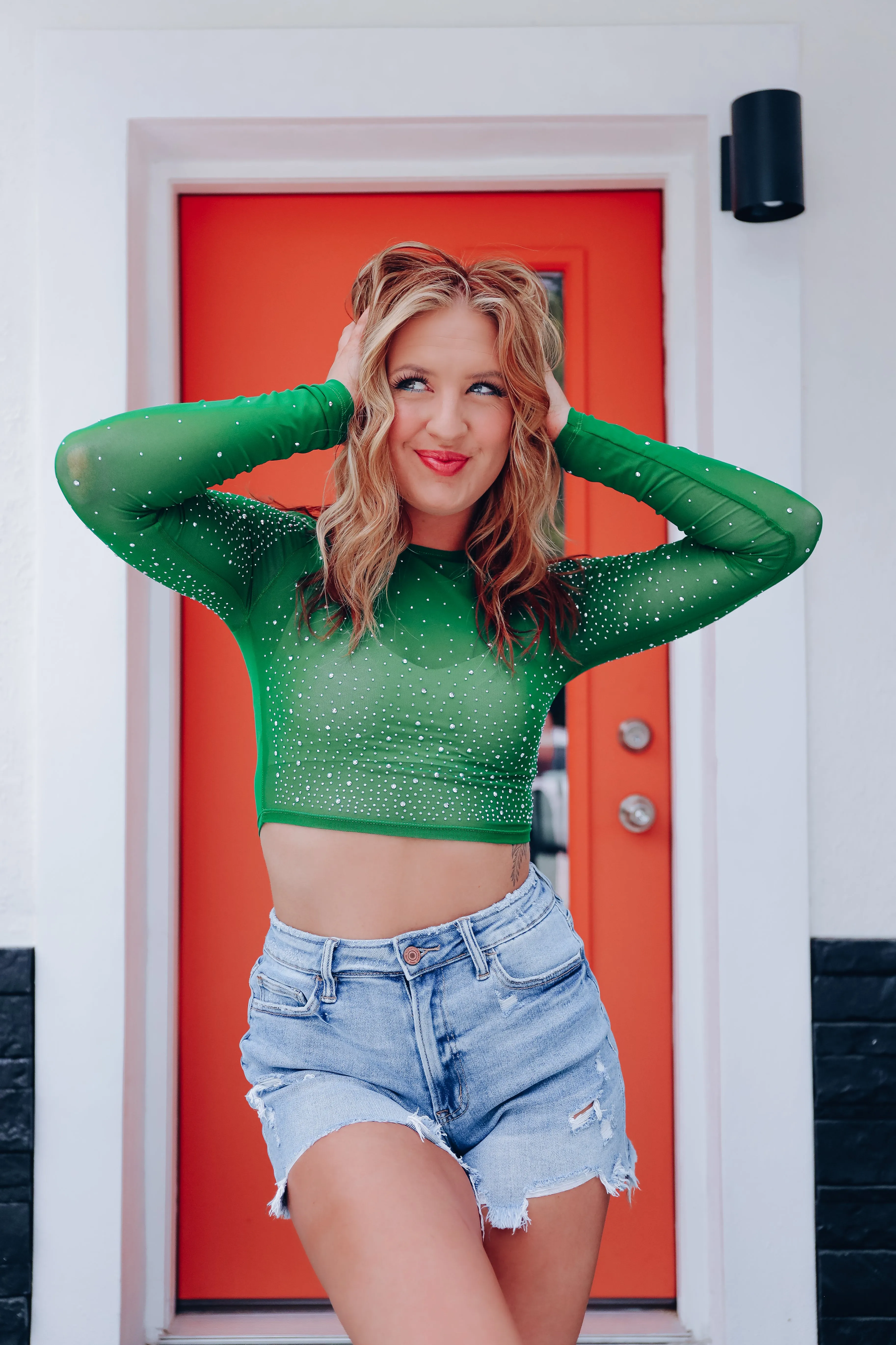 Lida Rhinestone Mesh Crop Top - Green