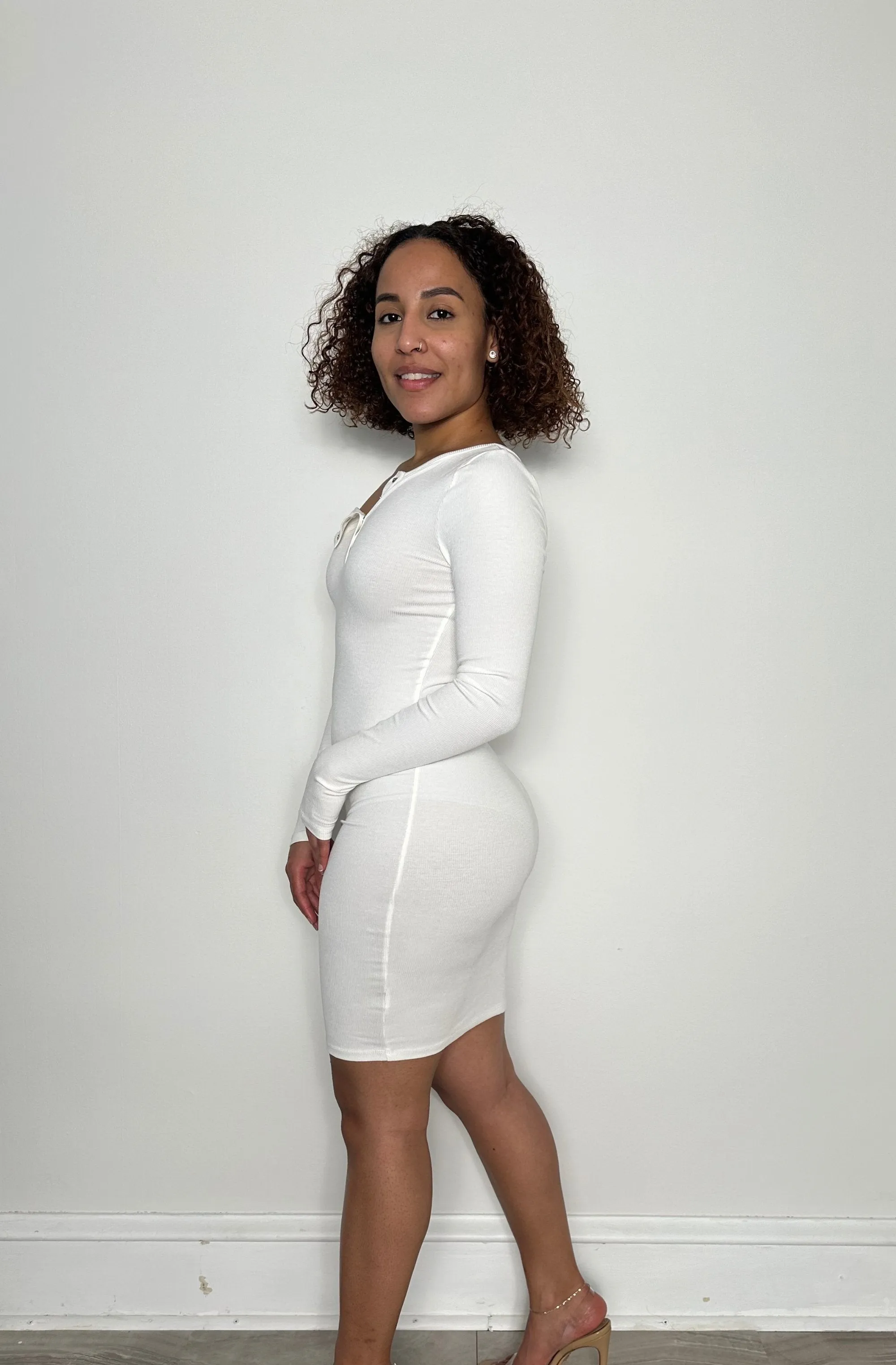 Long Sleeve Off The Shoulder Button Up Dress