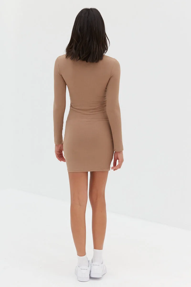Long Sleeve Ribbed Dress - Tan