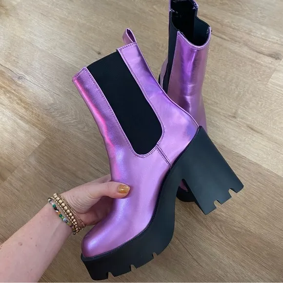 Madden Girl Tippah Womens Faux Leather Platform Mid-Calf Boots Purple Metallic