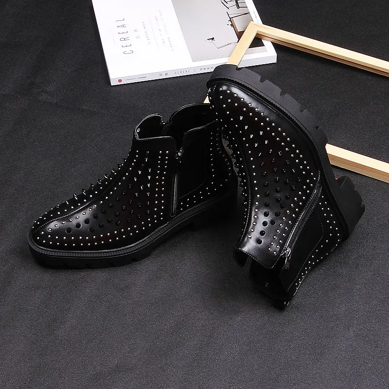 Men British Casual High Leather Rivet Short Boots Korean Trend Martin High heels Thick Man Black Stage Party Boots
