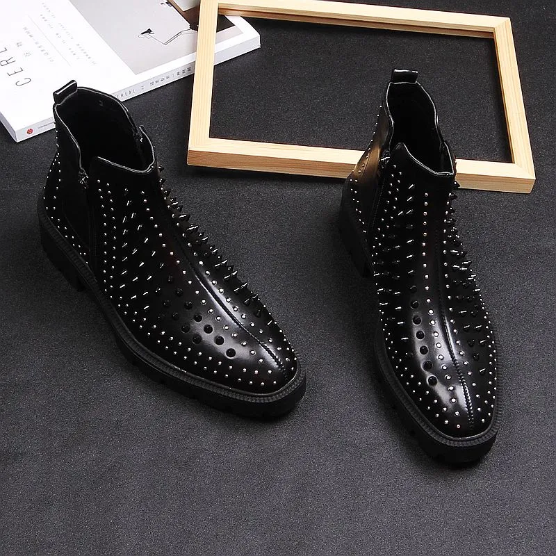 Men British Casual High Leather Rivet Short Boots Korean Trend Martin High heels Thick Man Black Stage Party Boots