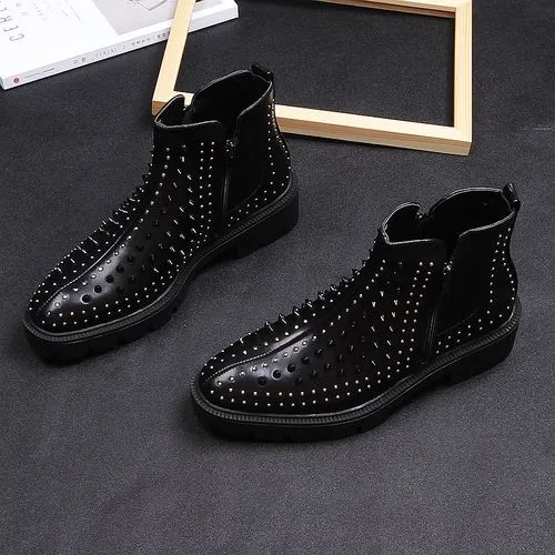 Men British Casual High Leather Rivet Short Boots Korean Trend Martin High heels Thick Man Black Stage Party Boots