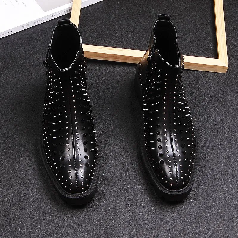 Men British Casual High Leather Rivet Short Boots Korean Trend Martin High heels Thick Man Black Stage Party Boots