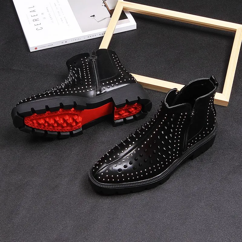 Men British Casual High Leather Rivet Short Boots Korean Trend Martin High heels Thick Man Black Stage Party Boots