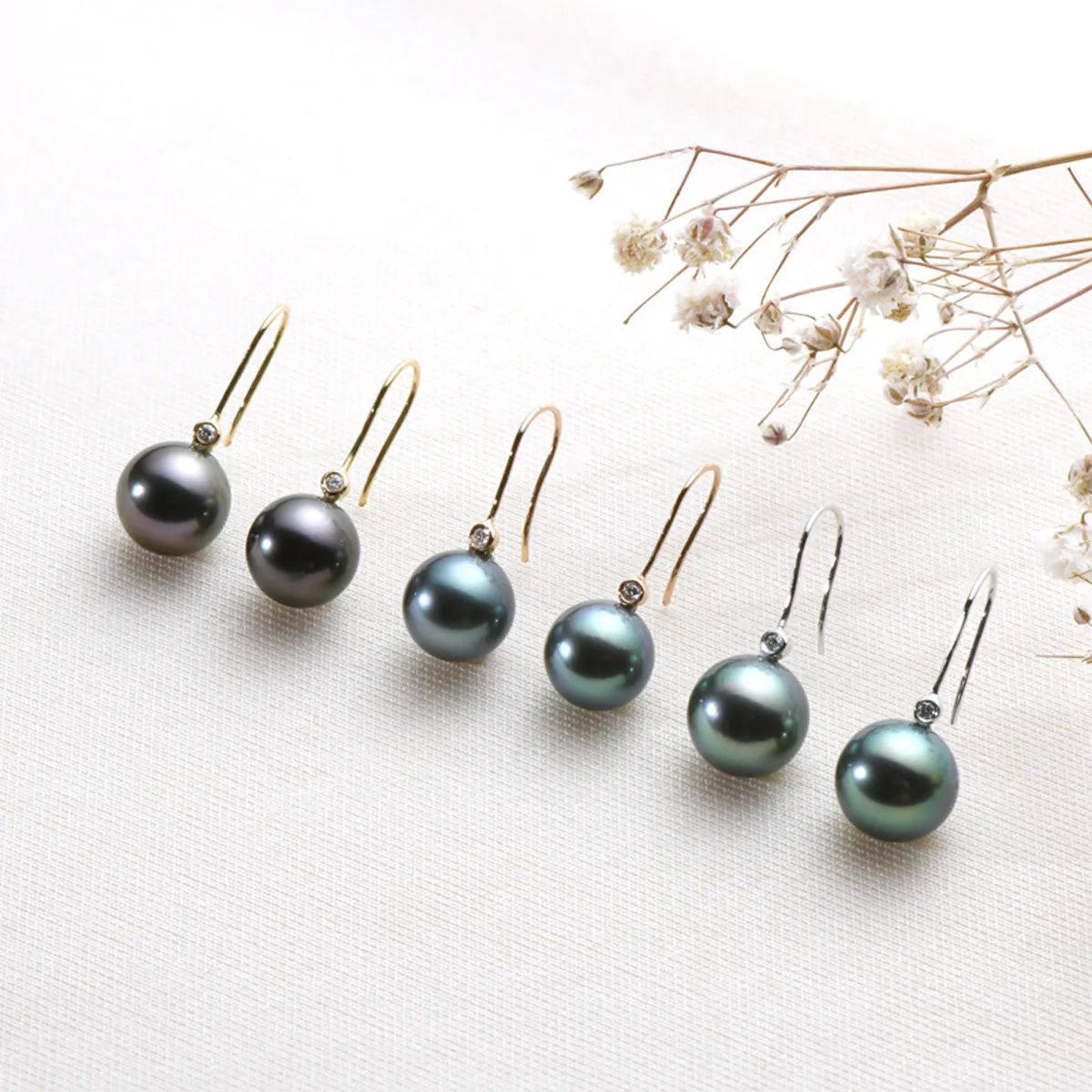 Natural Tahitian Black Pearl Diamond Hook Earrings