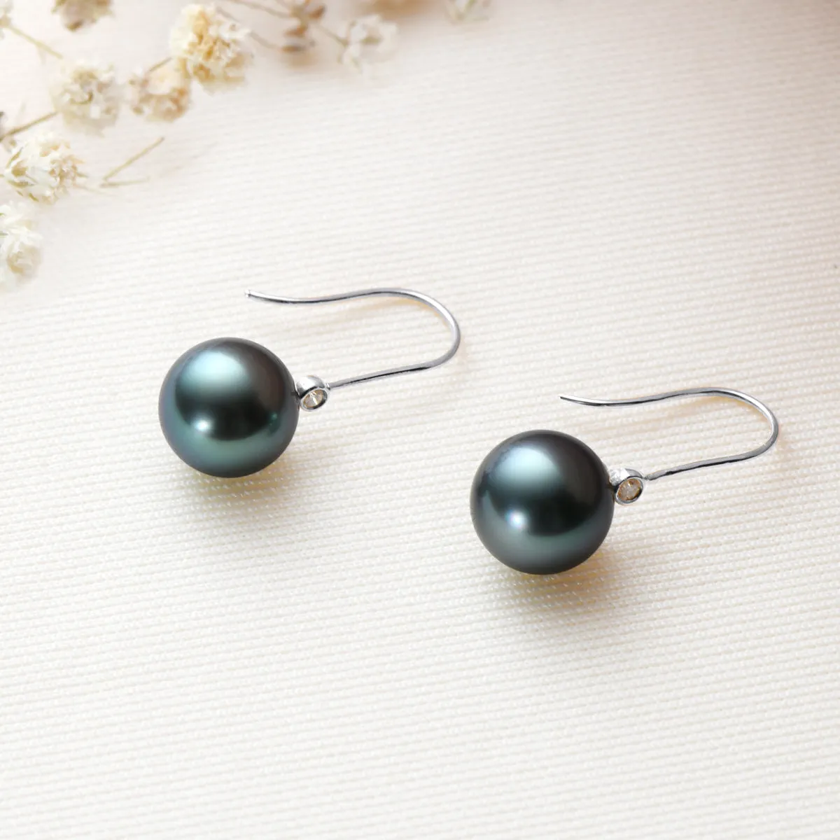 Natural Tahitian Black Pearl Diamond Hook Earrings