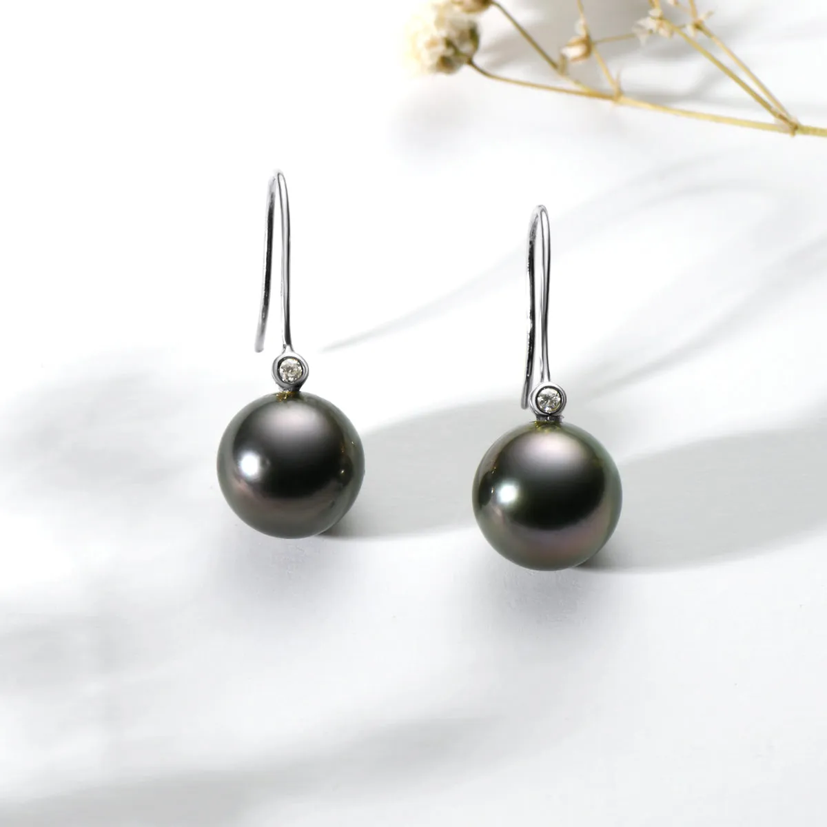 Natural Tahitian Black Pearl Diamond Hook Earrings